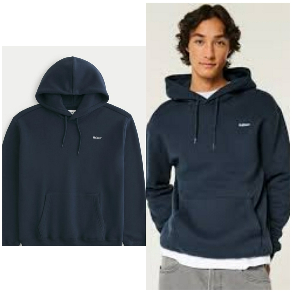 Hollister Mens Dark Blue Relaxed Fit Hoodie Size Large Embroidered Logo